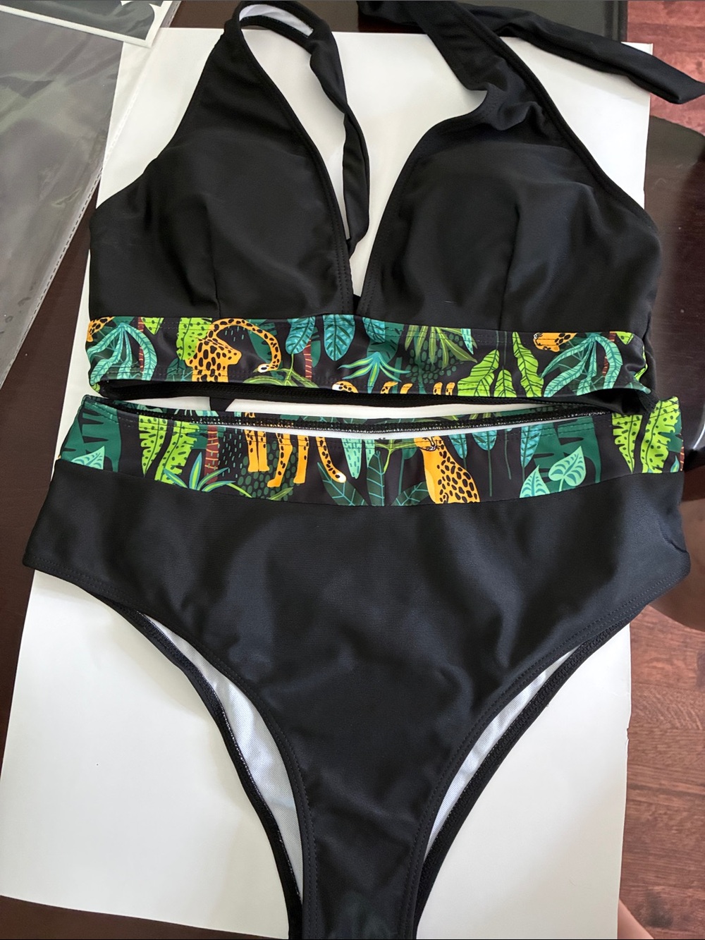 Black Two-Piece Bikini with Tropical Leaf & Leopard Print Trim & coverup